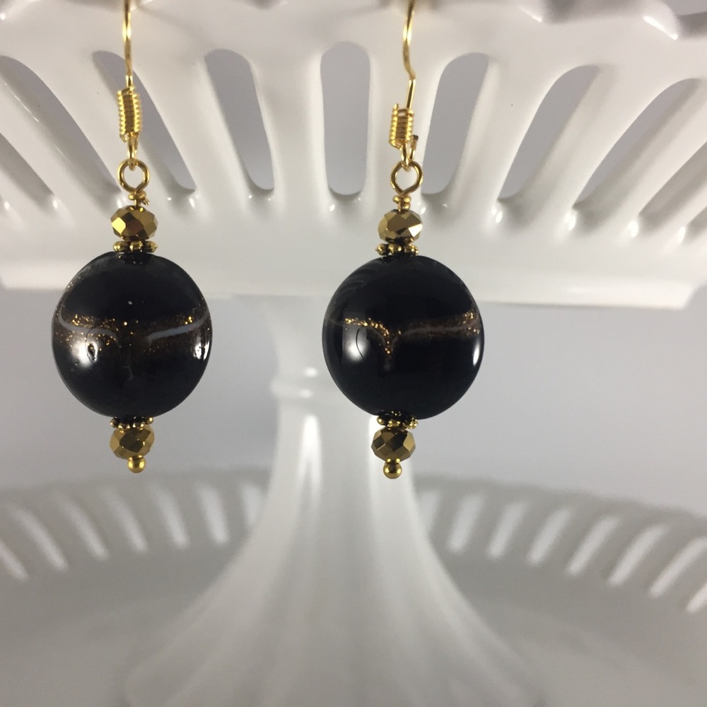 Handmade Earrings Unique Design  Black Gold Round Coin Glass Metalic Sparkles